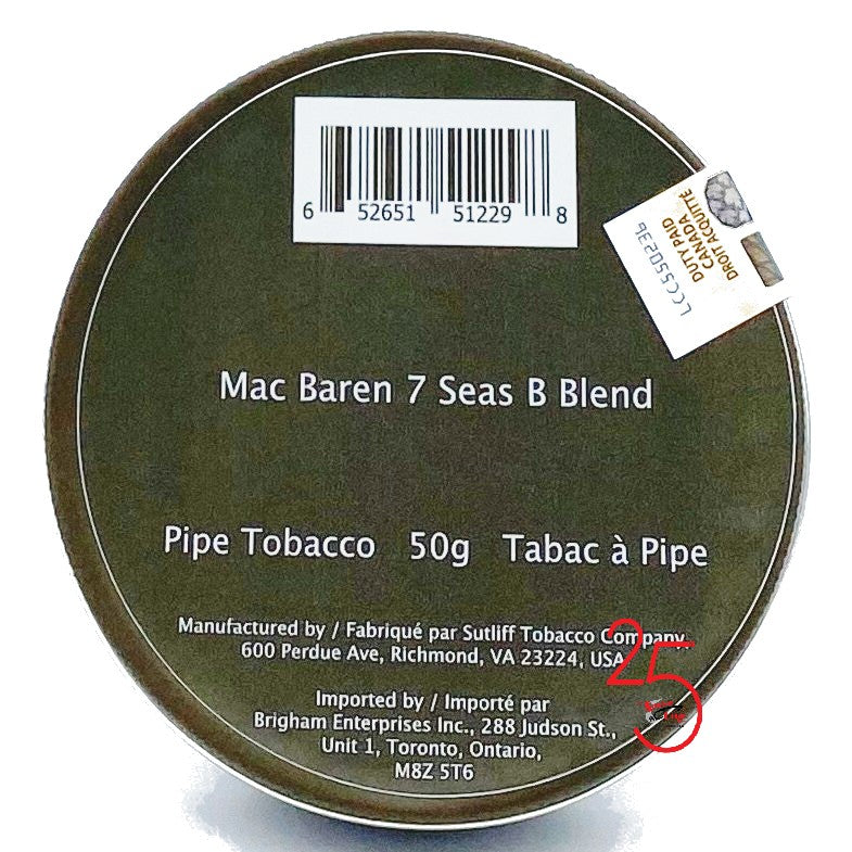 Mac Baren 7 Seas B (Black) Blend 50g Pipe Tobacco – TSC Inc.