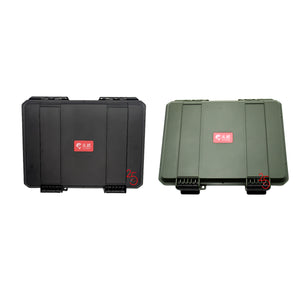 Two protective cases, one black and one green, with a red logo on a white background.