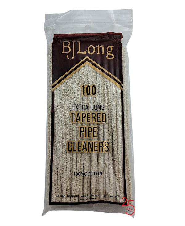 A package of BJ Long Extra Long Tapered Pipe Cleaners, containing 100 cotton cleaners, shown in a clear plastic bag with a brown and beige label.