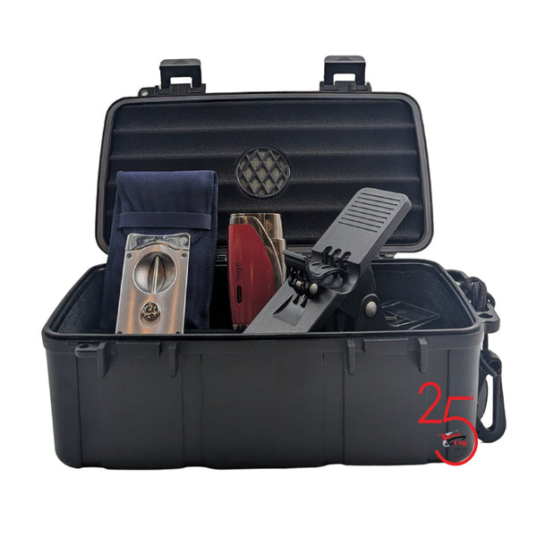 Black tool case with various tools inside on a white background