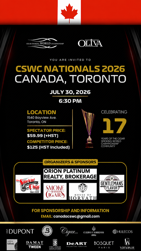 A promotional event poster for the CSWCE Nationals 2026 in Toronto, featuring a black background with red side panels, a red Canadian flag at the top, and multiple sponsor logos including Olivia, Orion Platinum, and Damat Tween.