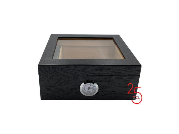 A 50+ Cigar Capacity Capri Black Oak Glasstop Humidor + Receive a Bottle of solution FREE with Purchase!*