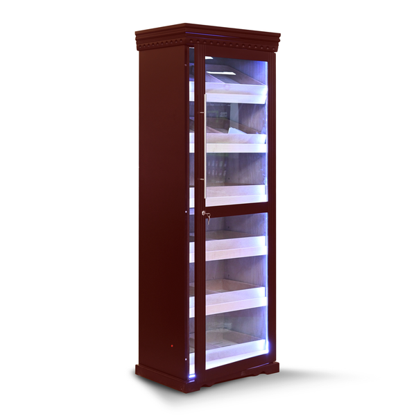 2000 Capacity Dark Cherry Tower Humidor with LED Lighting. NOT AVAILABLE FOR SHIPPING, LOCAL PICK-UP ONLY!