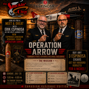 Promotional poster for Operation Arrow cigar by The Smokin' Cigar Inc. featuring two men in Espinosa uniforms, a large cigar, and military-style graphics with text about Canada's first Espinosa regional cigar.