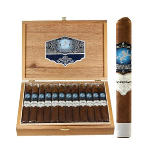 Open wooden humidor with cigars and a single cigar displayed on a white background