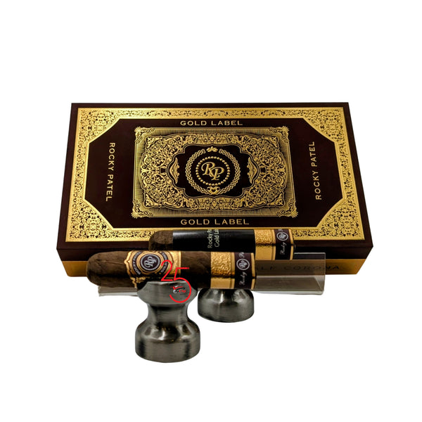 Rocky Patel Gold Label Half Corona cigar box with cigars on a white background