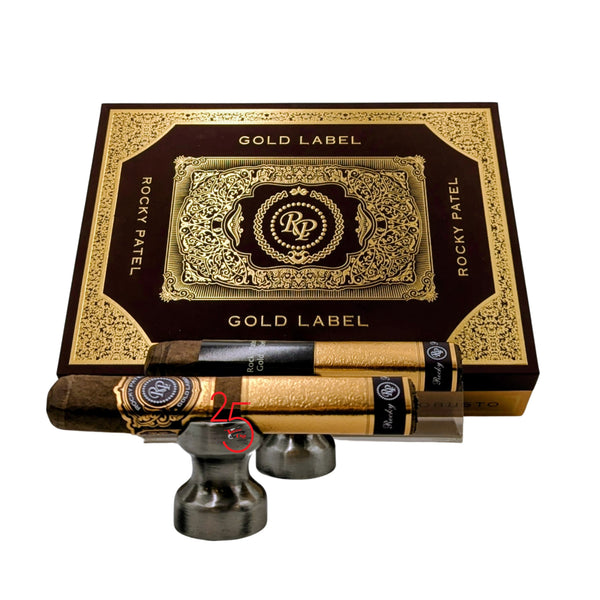 Rocky Patel Gold Label  Robusto cigars with decorative box on a white background