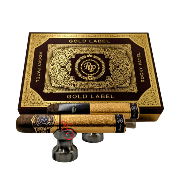 Gold Label Sixty Rocky Patel cigars with a decorative box on a white background
