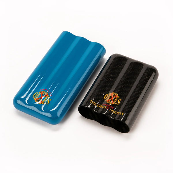The Opus X Society Yellow/Blue Carbon Three Cigar Case Regular Price $349.99 on SALE $299.99