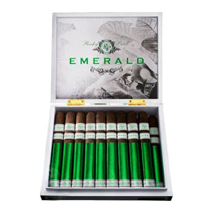 Open box of Rocky Patel Emerald cigars with green and white labels on a white background