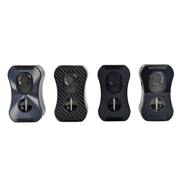 Four black fidget spinners with different textures on a white background