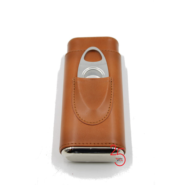 Tan leather 3 Finger 64 Ring Cigar Case With Cutter