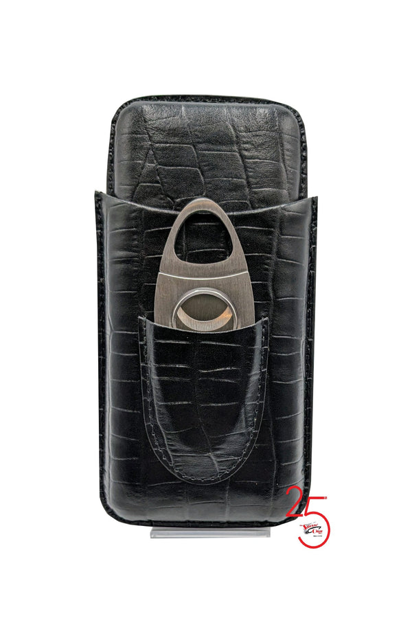 Black Crocodile leather 3 Finger Cigar Cases With Cutter