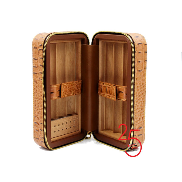 Tan/Crocodile Pattern Leather and Wood 6 Cigar Travel Case