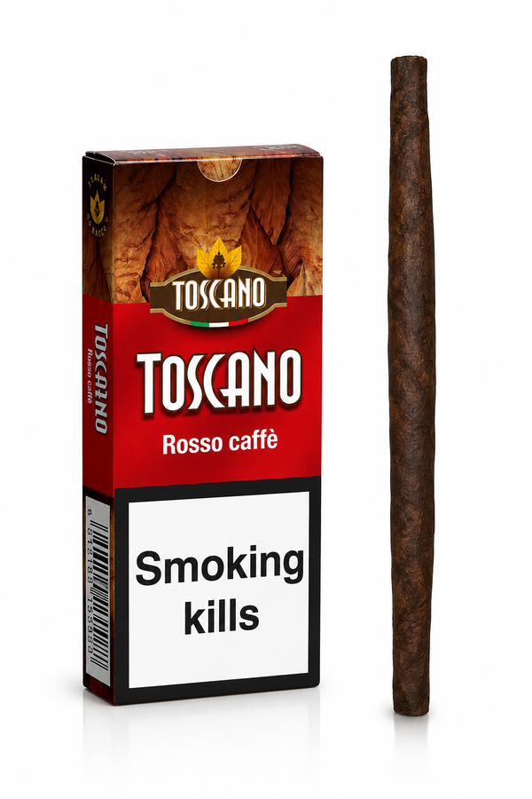 A pack of Toscano Rosso caffè cigars shown next to a single dark brown cigar on a clean white background.