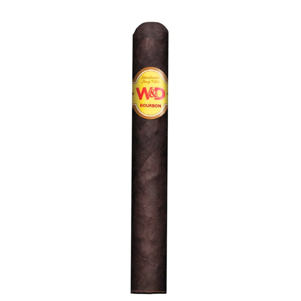 A single dark brown cigar with a circular yellow and red W&D Bourbon label, centered on a plain white background.