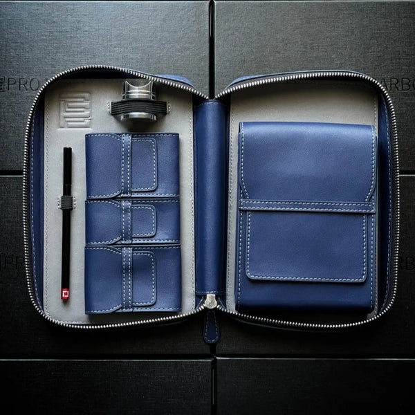 Project Carbon Blue/Grey "Navy Grey Diver" Leather Cigar Case (with side Handle + Boveda Sleeve) - TSC Inc. Project Carbon Project Carbon