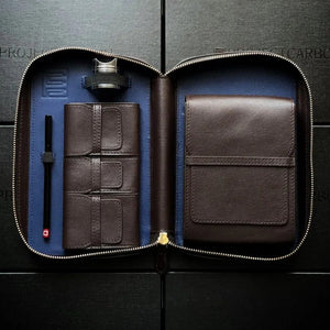 Project Carbon Cigar Case Brown/Blue Leather (with side Handle + Boveda Sleeve) - TSC Inc. Project Carbon Project Carbon
