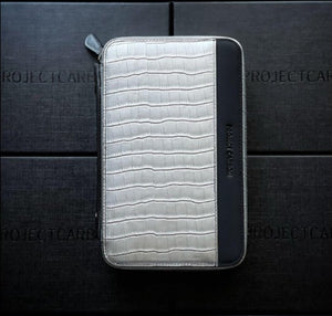 Project Carbon Cigar Case "Mecha Gator Silver" Leather (with side Handle + Boveda Sleeve) - TSC Inc. Project Carbon Project Carbon