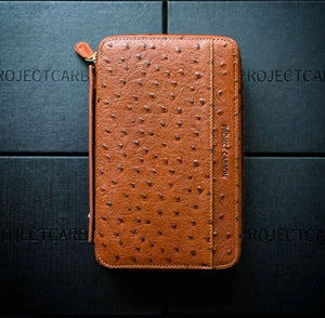 Project Carbon Tan Ostrich Leather Cigar Case (with side Handle + Boveda Sleeve) - TSC Inc. Project Carbon Project Carbon
